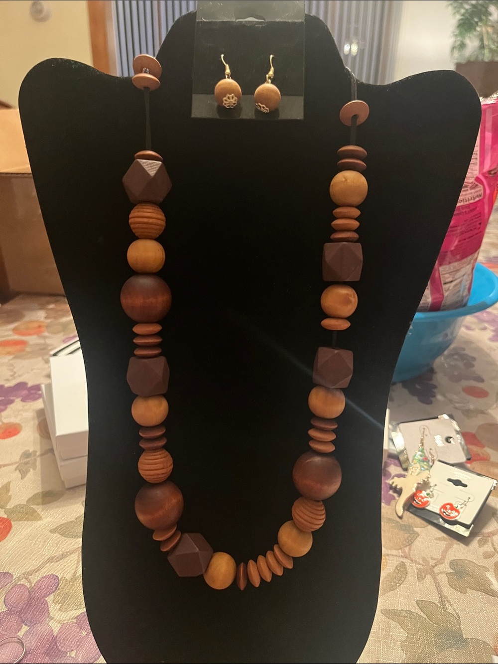 NWOT Brown Wooden Bead Necklace and Earring Set
